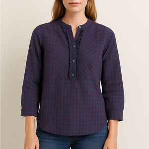 J.Crew Navy & Red Check Ruffle Button-Front Blouse Classic preppy